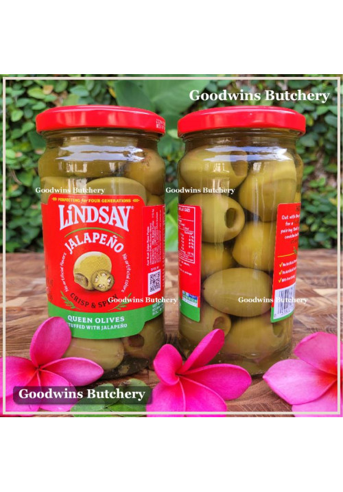 Pickle olive GREEN QUEEN OLIVE stuffed with JALAPENO crisp & spicy LINDSAY Spain dr. wt. 7oz 198g (JUMBO SIZE)